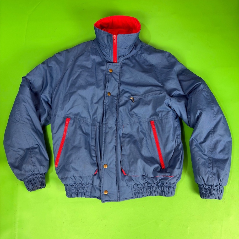 VTG 80s Grizzly Puffer Jacket Mens M Blue/Red Insulated Full Zip Bomber Coat